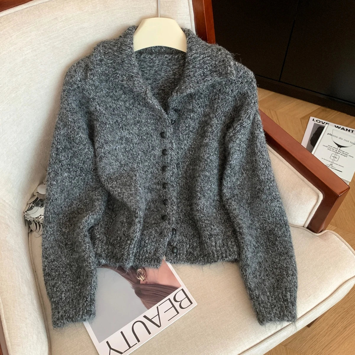 Women's Fluffy High Neck Button Front Cardigan Casual Knit Layer