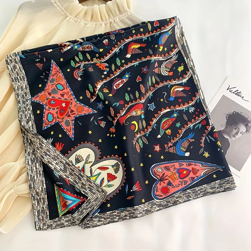 Printed Large Square Scarf with Decorative Border Designs
