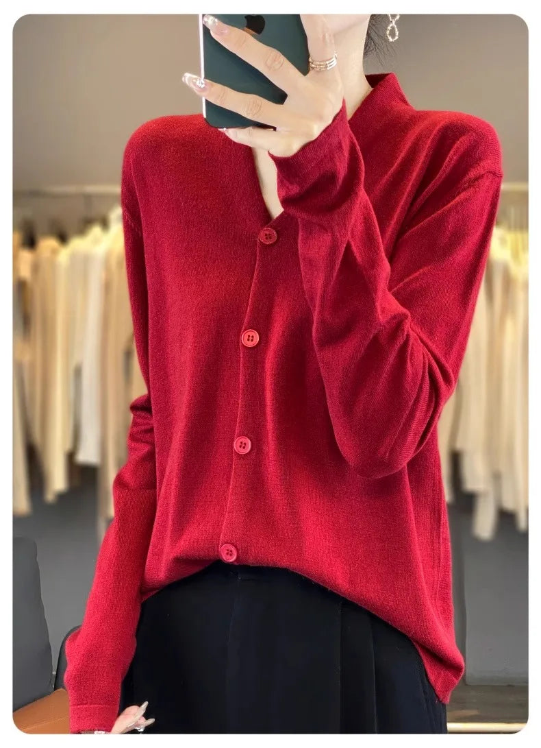 Light luxury retro style! V-neck pure cashmere knit cardigan women's autumn and winter loose wool top bottom sweater coat