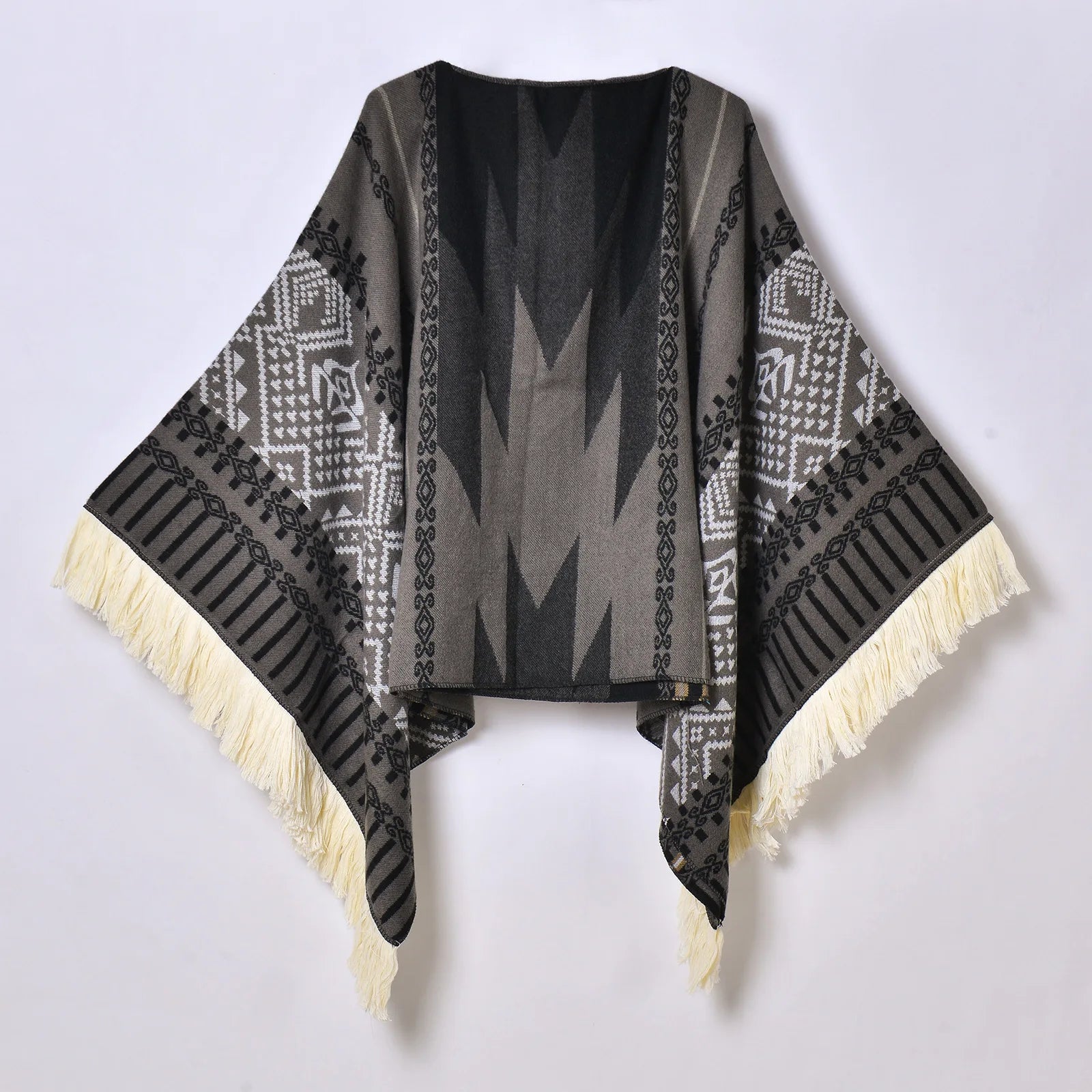 Geometric Pattern Fringe Poncho for Layering over Outfits