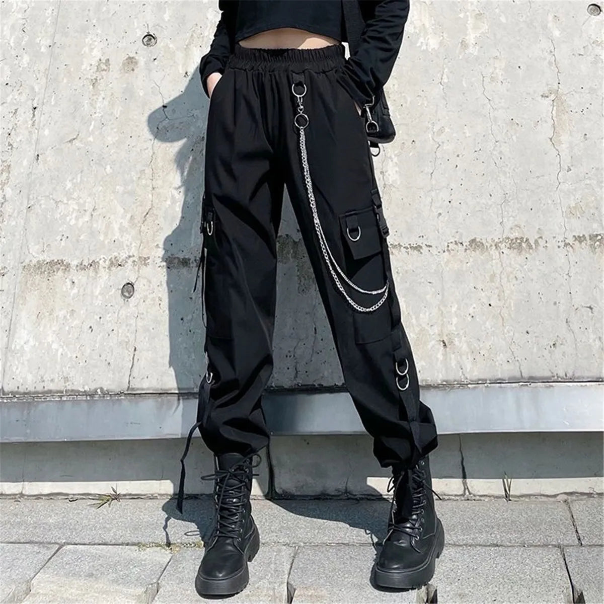 Women's Black Cargo Joggers with Chain Details and Multiple Pockets