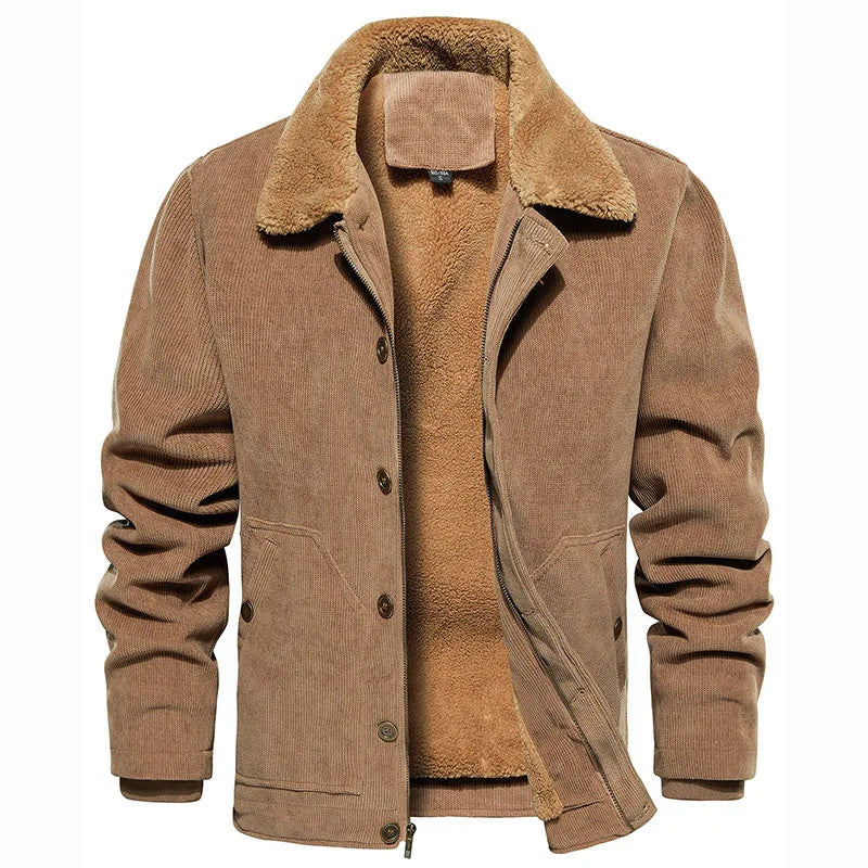 Men's Winter Corduroy Jacket Fleece Warm Lined Cargo Work Jacket Casual Thick Sherpa Collar Trucker Deck Navy Coats