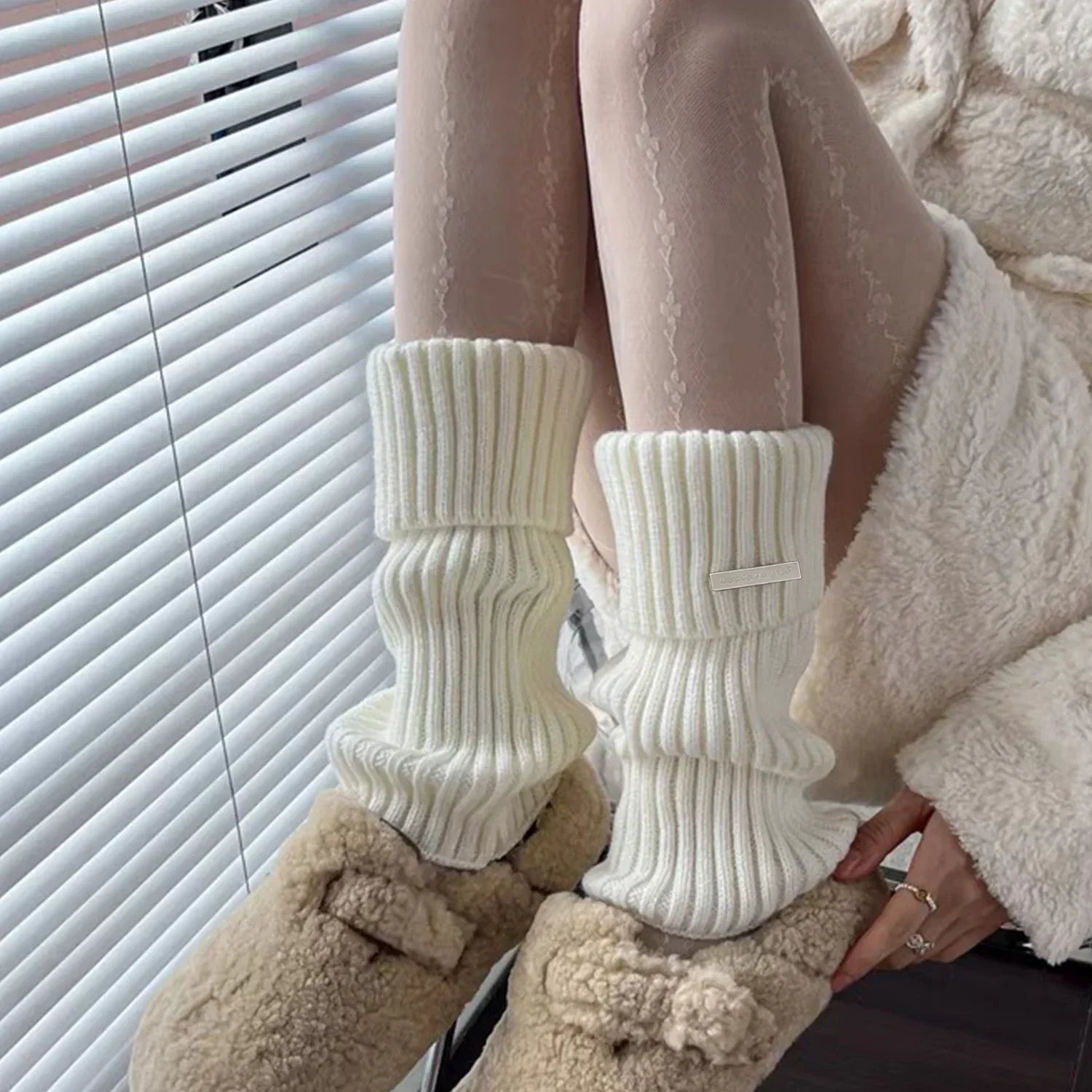 Solid Ribbed Leg Warmers with Small Metal Label Details