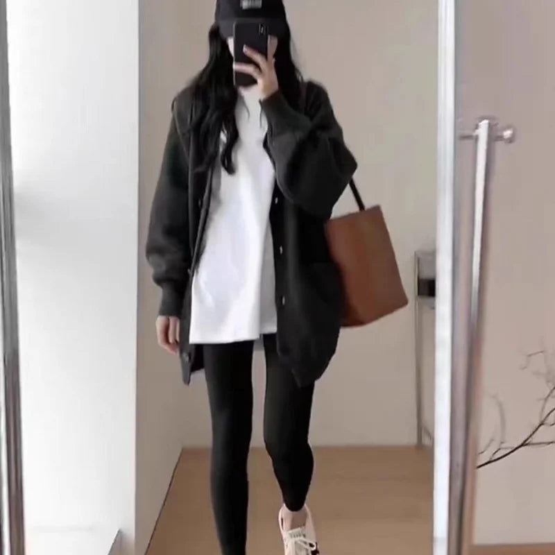 Elegant Versatile Round Neck Women's Autumn/Winter Loose Long-line Base Layer Sweater Wool Coat & Cashmere Knitted Cardigan