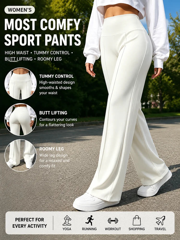 Women's Ivory Polyester Blend Wide Leg Pants for Yoga and Casual Outfits