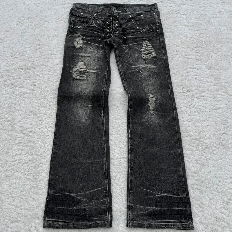 Women's Lace Double Waist Distressed Flared Denim Jeans