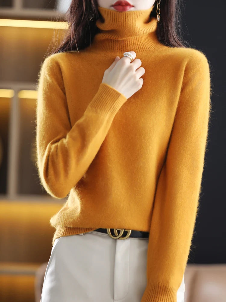 Women's Plain Roll Neck Long Sleeve Sweater Casual Knit Layer