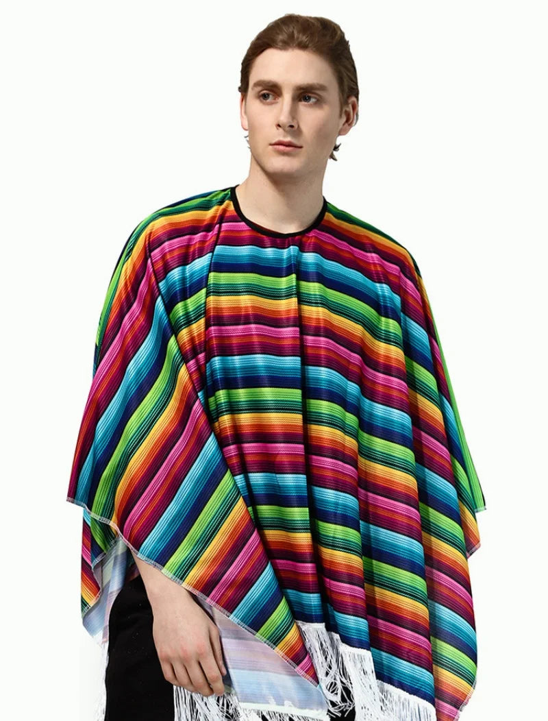 Rainbow Stripe Fringe Poncho for Layering over Outfits