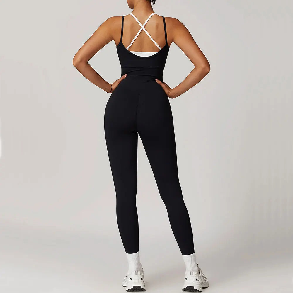 Women's Cross Back Nylon Blend Workout Jumpsuit with White Trim and Long Legs