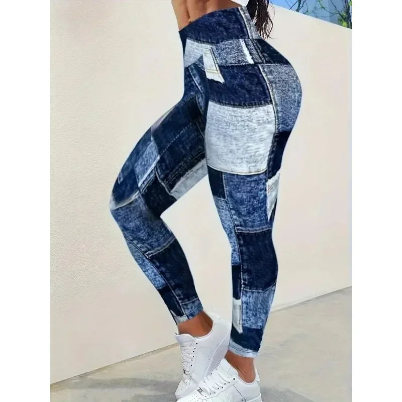 High Waist Full Length Denim Print Fitted Casual Leggings
