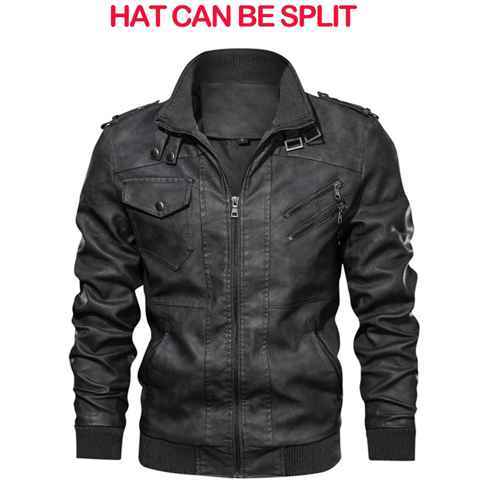Men's Faux-Leather Biker Jacket with Detachable Hood