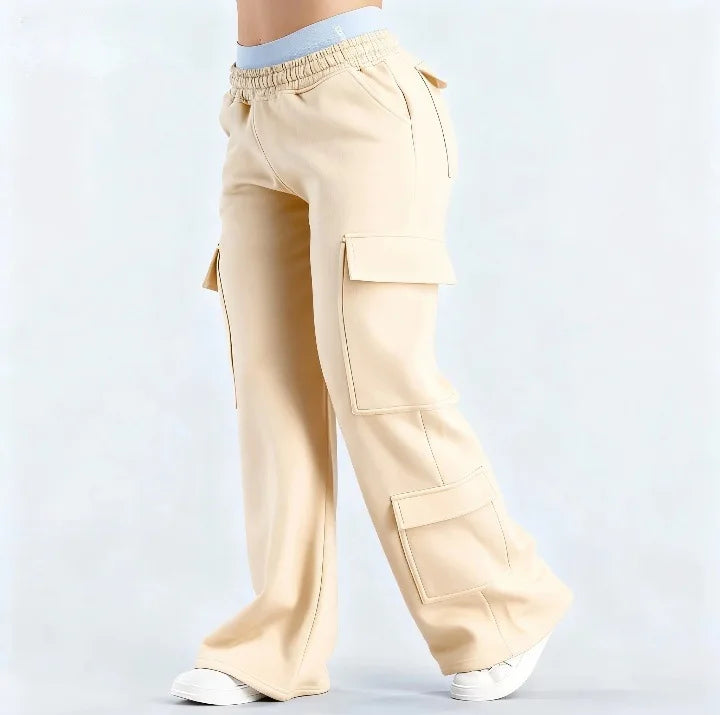 Women's Wide Leg Cargo Pants with Elastic Waist and Flap Pockets
