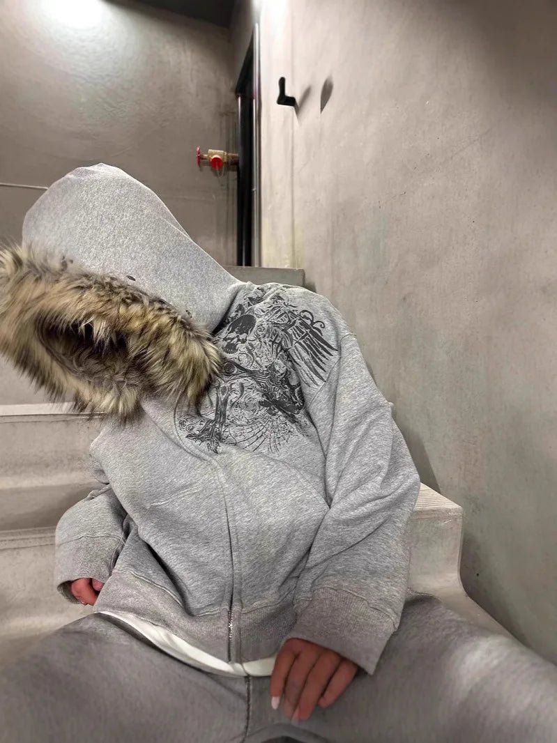 Fluffy Trim Long Sleeve Full Zip Casual Hoodie