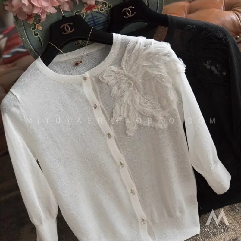 Knitted sunscreen cardigan female short heavy industry flower Korean version loose ice silk thin coat female