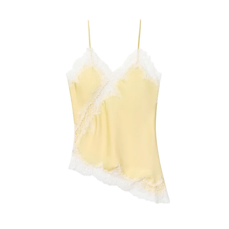 Women's Asymmetric Lace Trim Satin Camisole with Thin Shoulder Straps