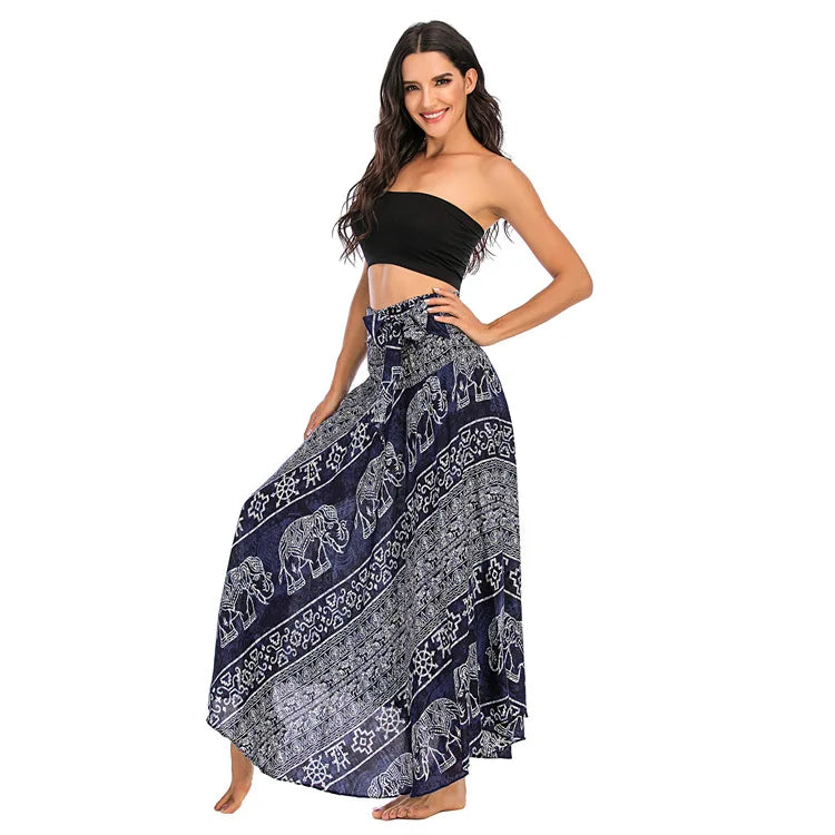 Women's Printed Nylon Harem Pants with Smocked Waist and Convertible Styling