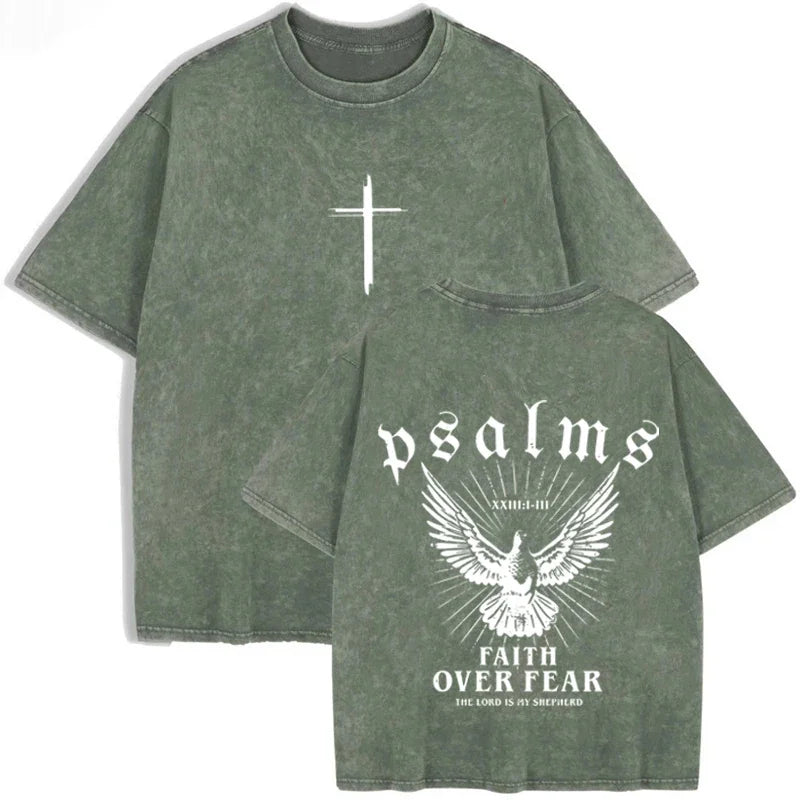 Retro Faith Over Fear T Shirt Psalms Dove Print Casual Washed Religious Streetwear