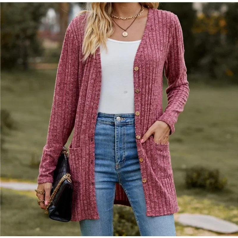 Women's Long Ribbed Button Front Cardigan Casual Knit Layer