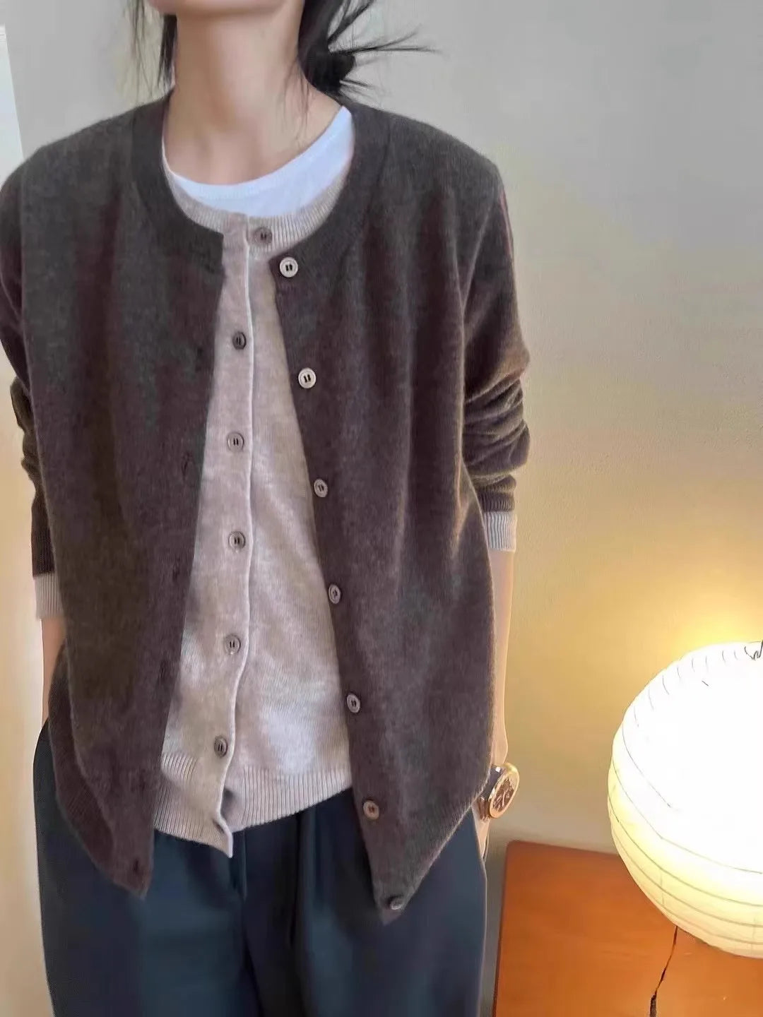 Fake two 100% pure cashmere sweater cardigan dark grey high-grade wool knit coat top