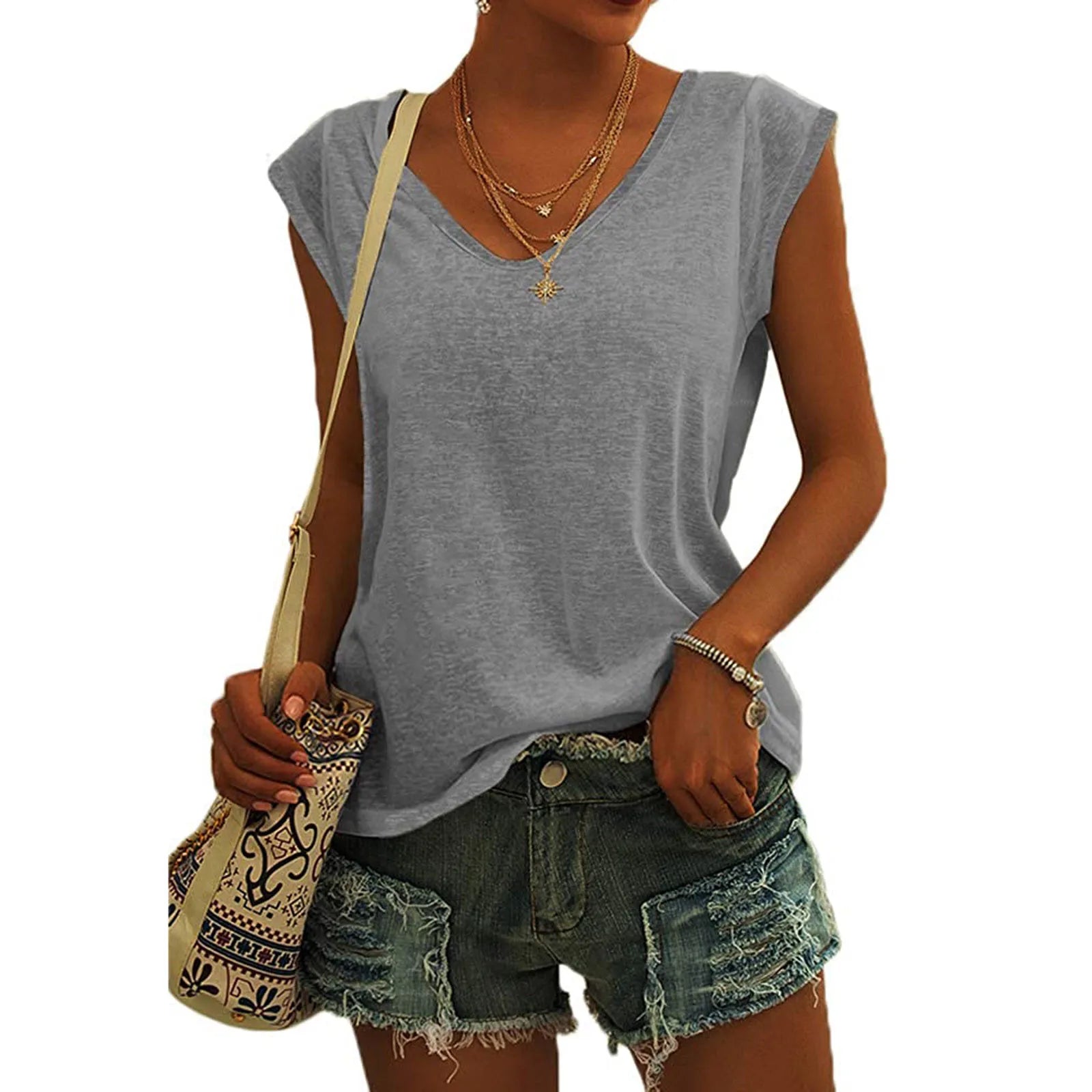 Women's V Neck Polyester Tank Top with Relaxed Sleeveless Cut