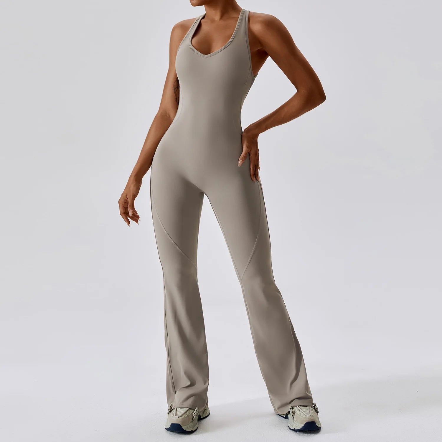 Women's Open Back Nylon Blend Flared Workout Jumpsuit with Tank Top