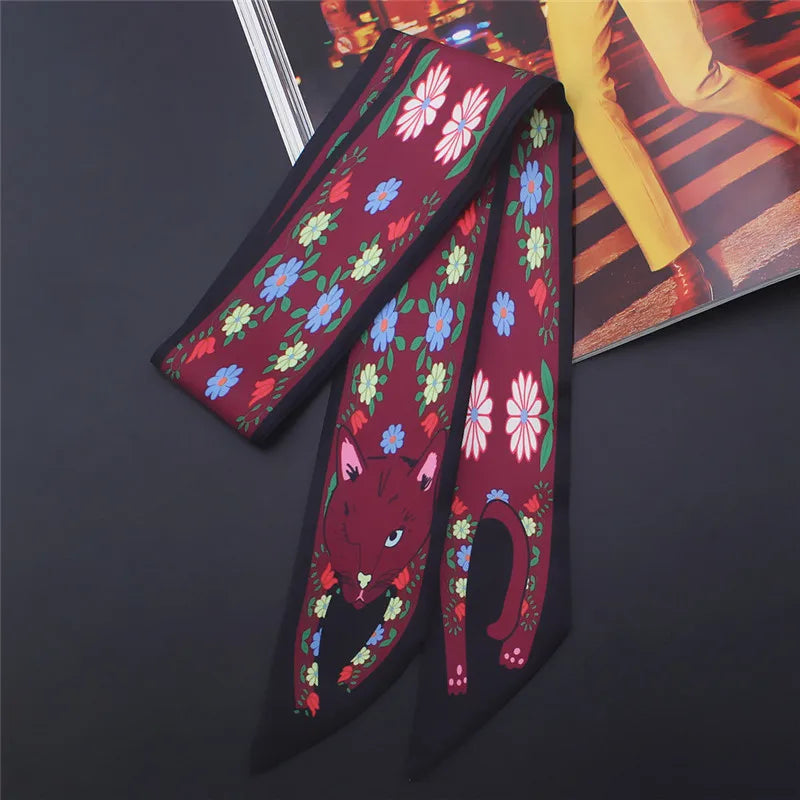 Animal Print Narrow Scarf with Pointed Tie Ends