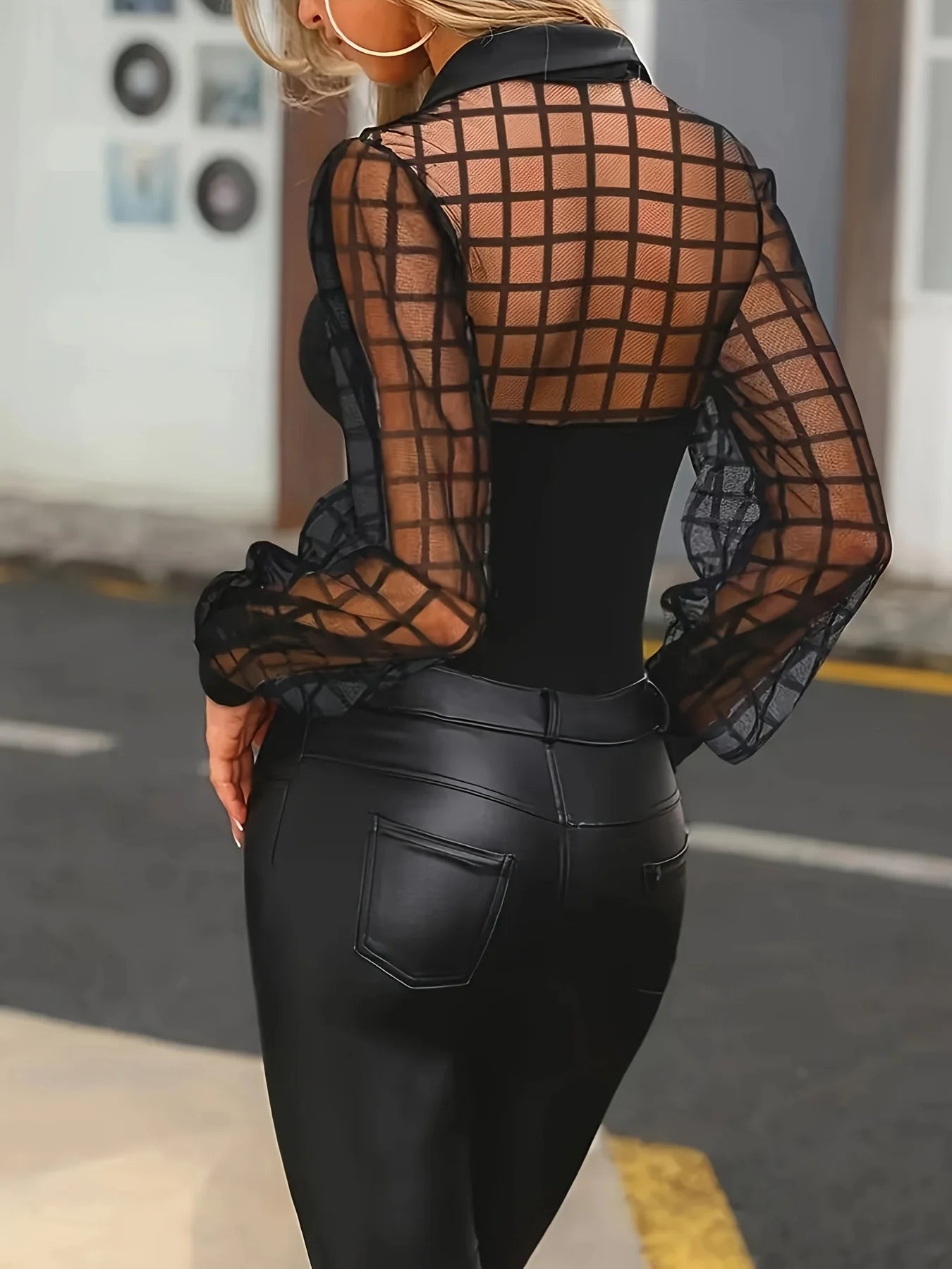 Women's Long Sleeve Mesh Panel Collared Blouse