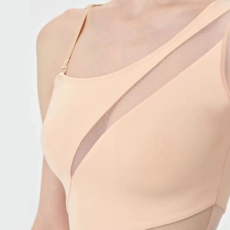 Women's Asymmetric Mesh Ballet Leotard with Diagonal Bodice and Long Sleeve