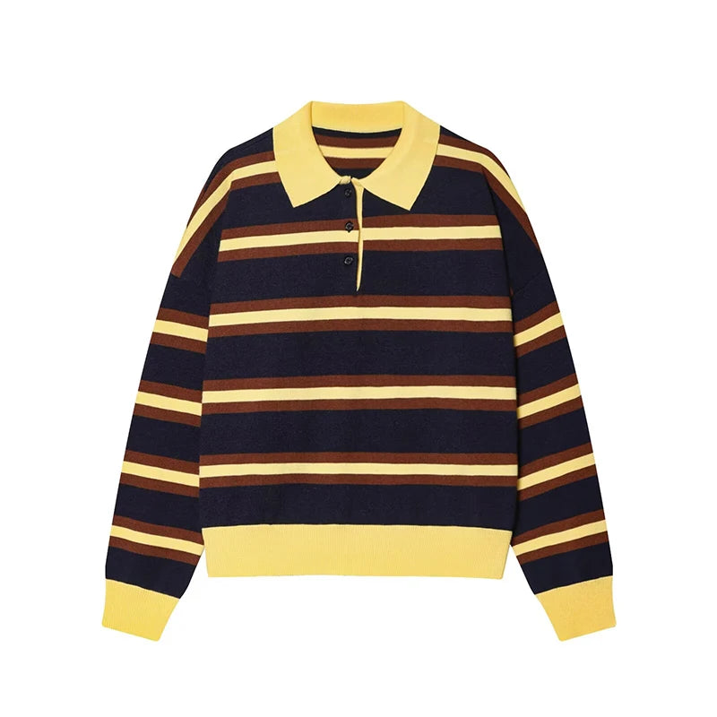 Women's Striped Polo Collar Loose Fit Sweater Casual Knit Layer