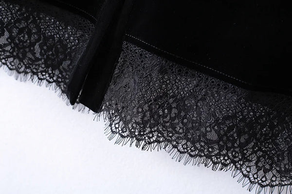 Women Turn Down Collar Crocheted Lace Single Breasted Cardigan Mid Length A Line Velvet Ruffled Sleeveless Jackets