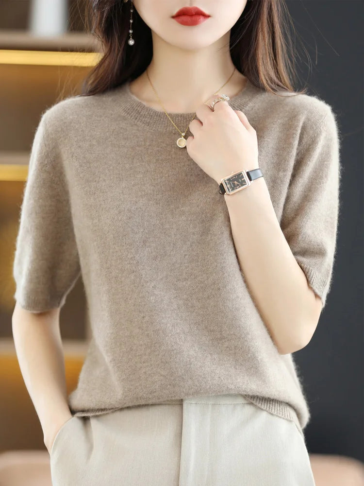 Women's Crew Neck Short Sleeve Sweater Casual Knit Layer