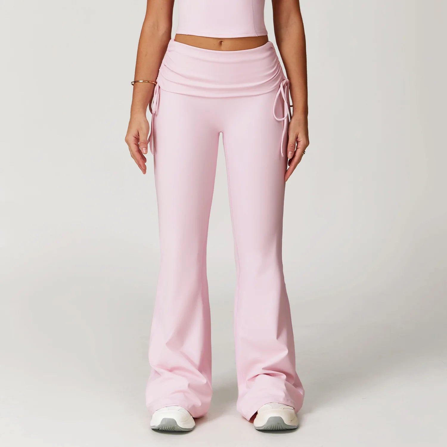 Women's Ruched Skirt Overlay Nylon Blend Flared Pants with Side Drawcords