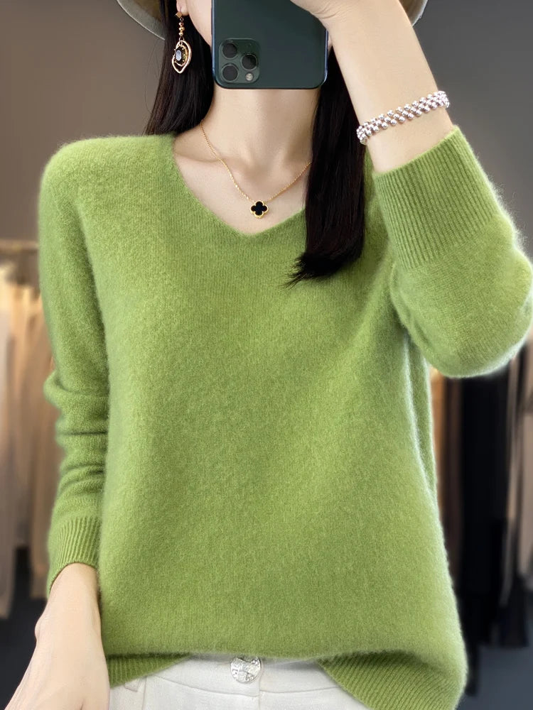 Women's V Neck Long Sleeve Sweater Casual Knit Layer