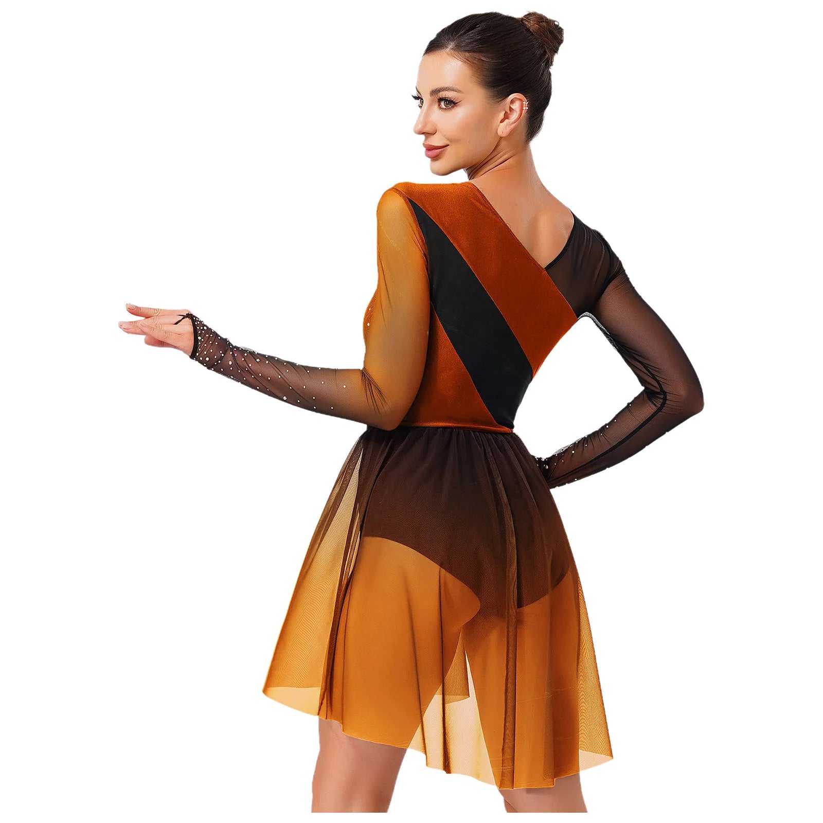 Women's Long Sleeve Mesh Dance Dress with Sequins and Asymmetric Panels