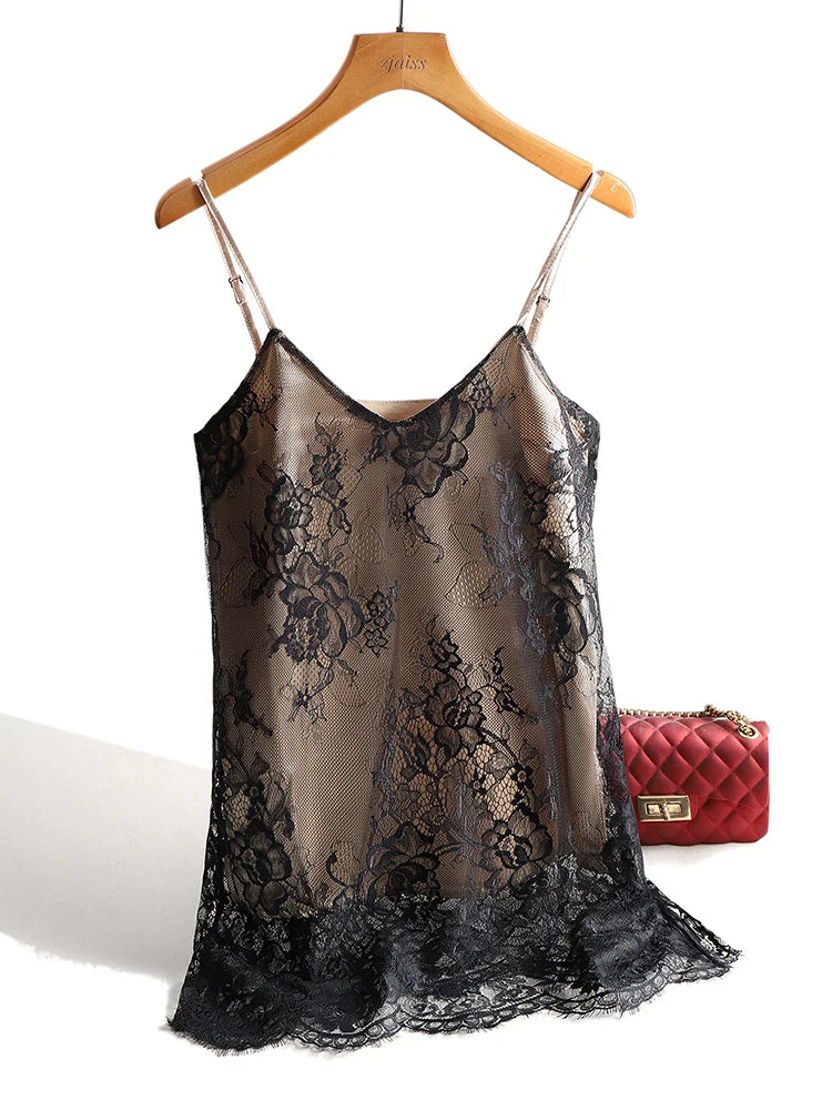 Women's Floral Lace Silk Blend Camisole with a V Neckline