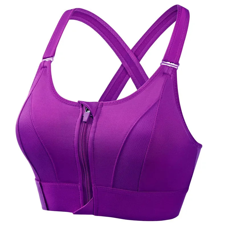 Women's Front Zip Cross Back Sports Bra