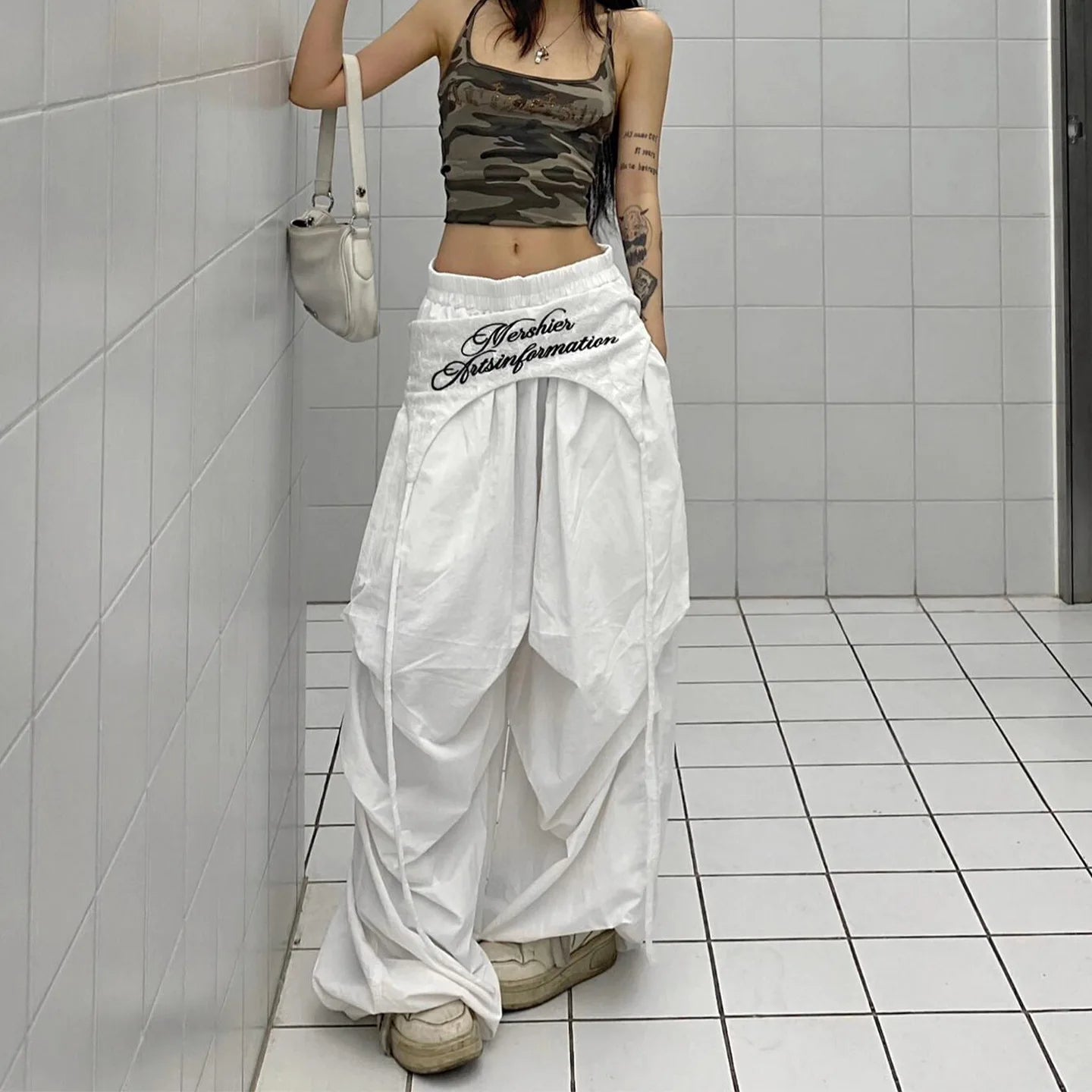 Women's Wide Leg Pants with Layered Waist and Embroidered Details