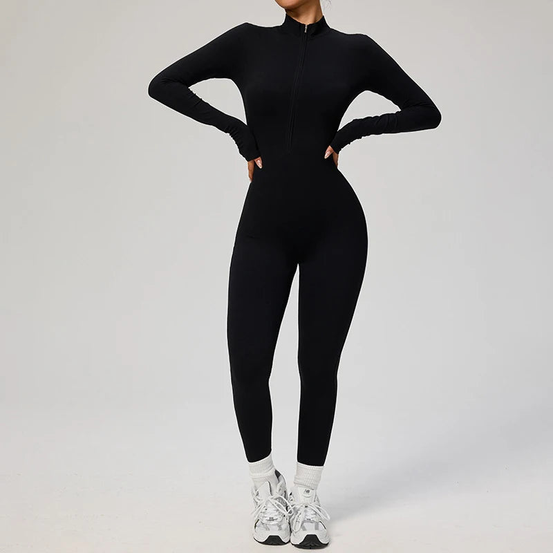 Women's Long Sleeve Nylon Blend Workout Jumpsuit with Zip Front Collar