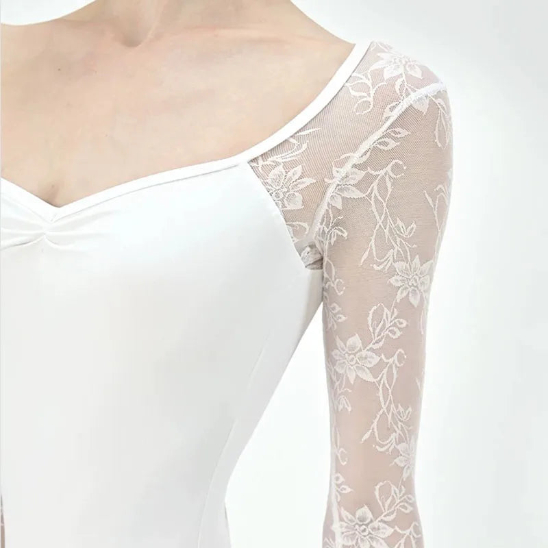 Women's Lace Sleeve Ballet Leotard with V Neckline and Back Opening