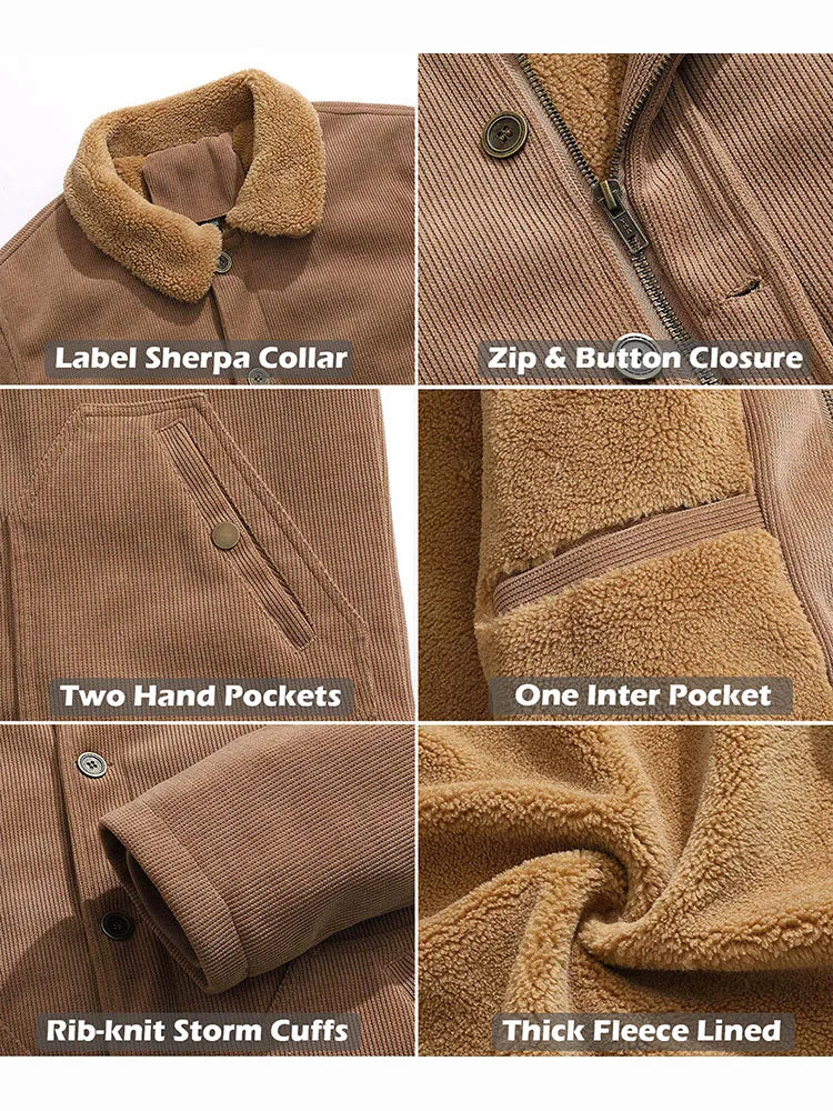 Men's Winter Corduroy Jacket Fleece Warm Lined Cargo Work Jacket Casual Thick Sherpa Collar Trucker Deck Navy Coats