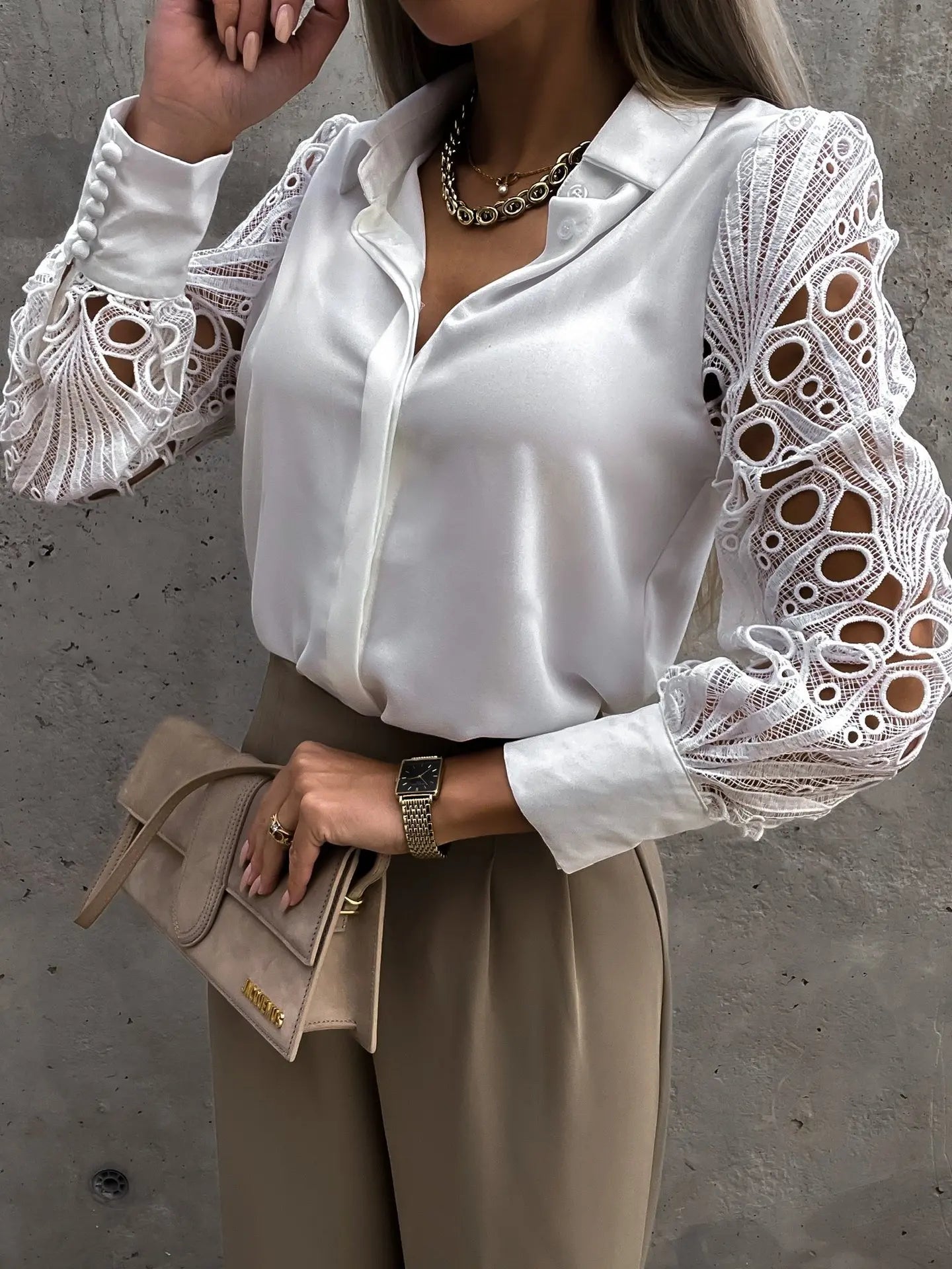 Women's Lace Panel Long Sleeve Button Front Blouse