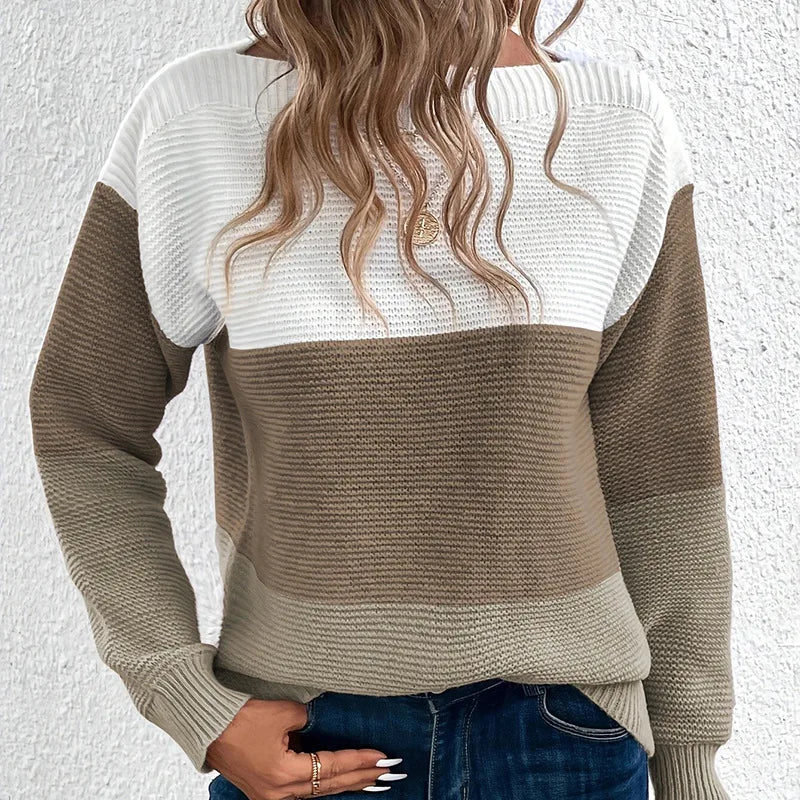 Women's Color Block Crew Neck Sweater Casual Knit Layer