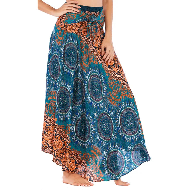 Women's Printed Nylon Harem Pants with Smocked Waist and Convertible Styling