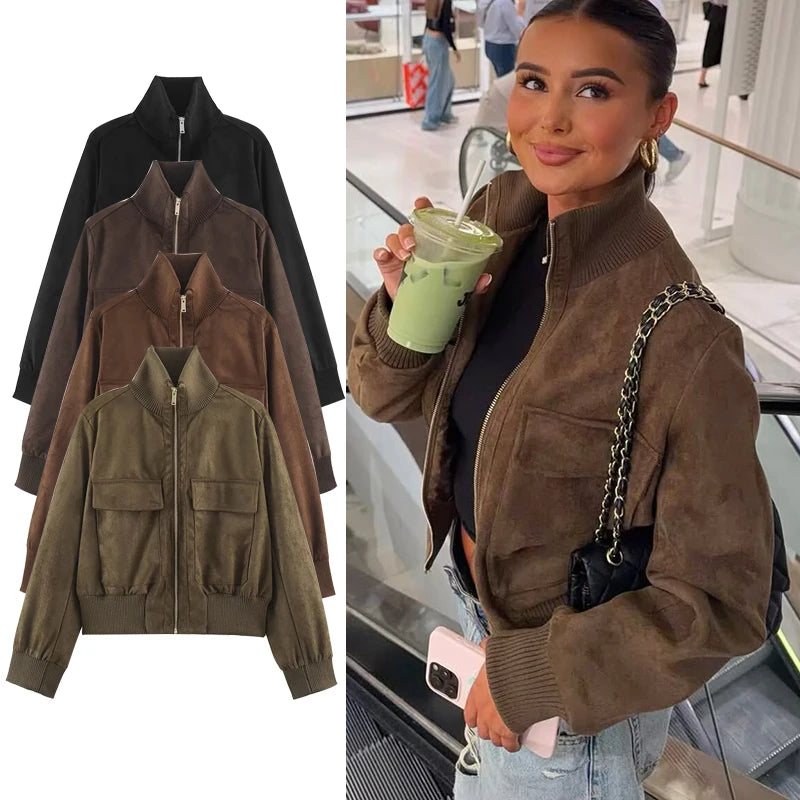 Women's Stand Collar Pocket Zip Front Jacket for Layered Outfits