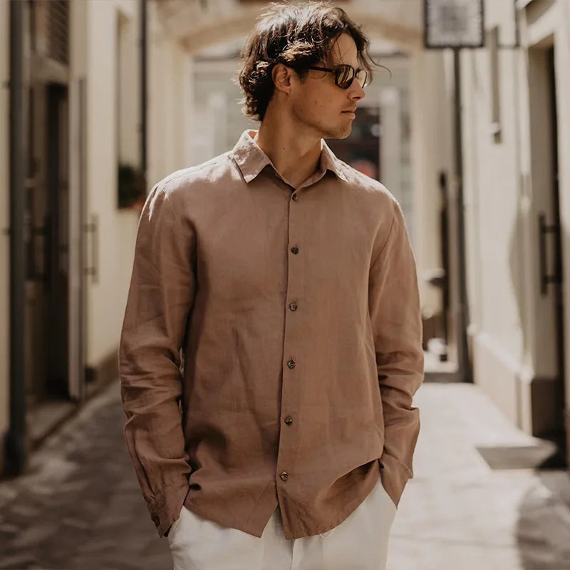 Men's Linen Long-Sleeve Button-Up Shirt with Classic Collar for Casual Daily Wear