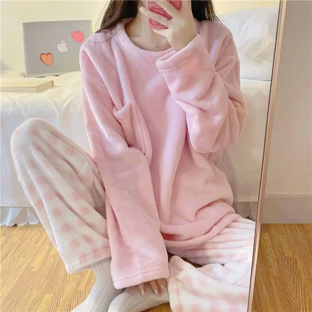 Women's Long Sleeve Plaid Bottom Pajama Set with Top and Pants
