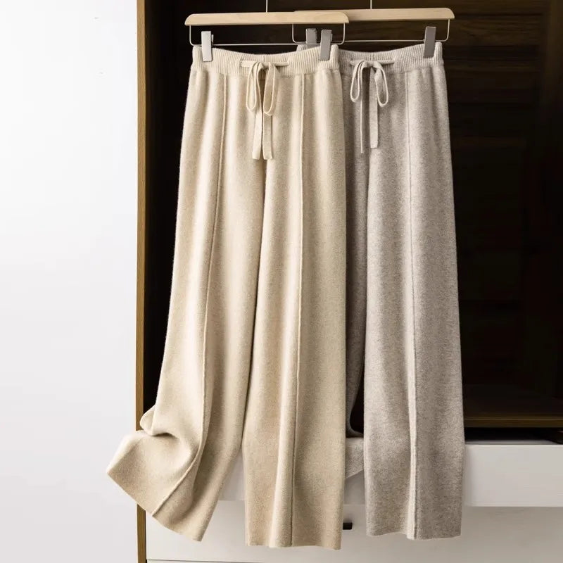 Wide-leg women's autumn winter cashmere high-waisted knitted straight-leg pants high-end casual outerwear loose drape long pants