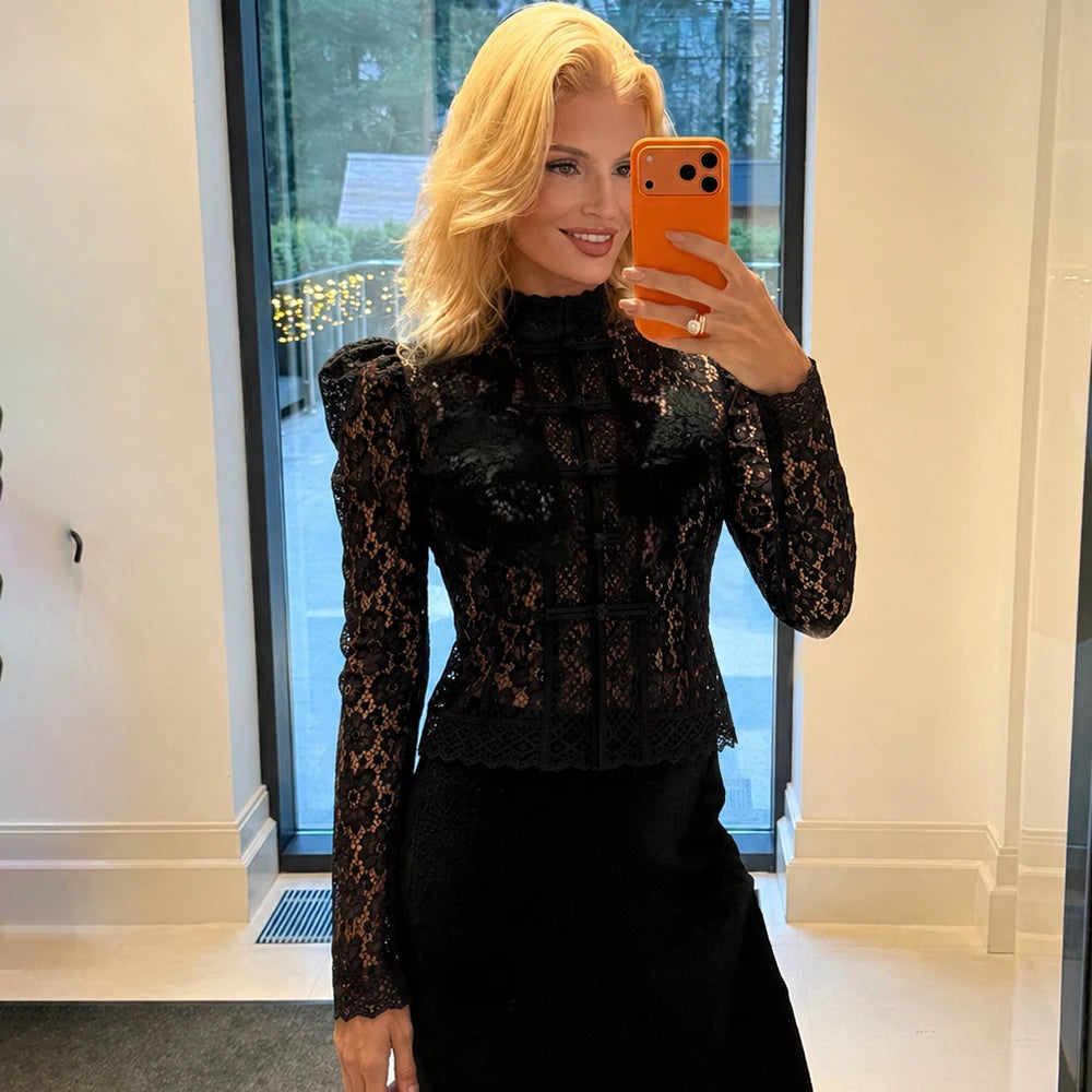 Women's Lace Stand Collar Long Sleeve Button Front Blouse