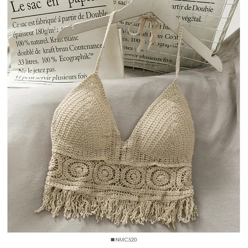 Women's Crochet Halter Crop Top with an Openwork Design and Fringe Hem