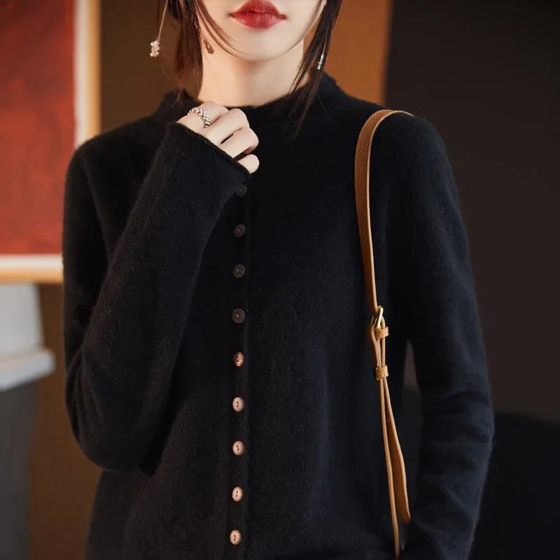 Women's Wool Solid Long-Sleeve Button-Front Knit Cardigan for Autumn Winter Layered Outfits
